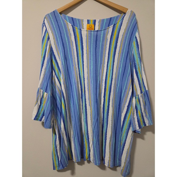 Ruby Rd. Tops - Ruby Rd Woman Blue Yellow Vertical Stripe Bell Sleeve Knit Top 3X Plus Size
